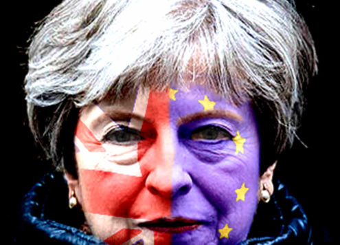 Theresa May with her face painted half with the English flag, half with the EU flag.